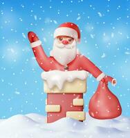 3D Santa Claus with Bag with Gifts in House Chimney. Render Happy New Year Decoration Card. Merry Christmas Eve Holiday. New Year and Xmas Celebration. Realistic Vector Illustration