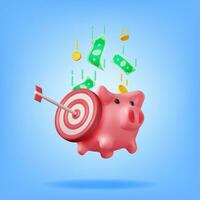 3D Piggy Bank with Dart Target Isolated. Render Plastic Piggy Bank for Money. Moneybox in Form of Pig. Concept of Cash Money, Business Deposit Investment, Financial Savings. Vector Illustration