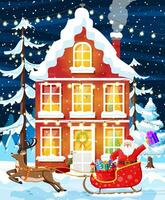 casa cubierto nieve. edificio en fiesta ornamento. Navidad paisaje, árbol, Papa Noel trineo renos nuevo año decoración. alegre Navidad fiesta Navidad celebracion. vector ilustración