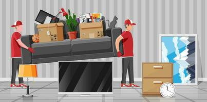 Moving to new house. Family relocated to new home. Paper cardboard boxes with various household thing. Package for transportation. Computer, lamp, clothes, books. Vector illustration in flat style