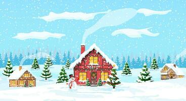 Suburban houses covered snow. Building in holiday ornament. Christmas landscape tree spruce, snowman. Happy new year decoration. Merry christmas holiday. New year xmas celebration. Vector illustration