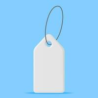 3D White Tag with String Isolated on Blue Background. Render Empty Label. Cardboard Price Tag for Sale. Empty Sticker and Rope. Promo, Sale, Offer or Gift Concept. Vector Illustration