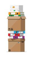 Pile of paper documents, file folders and cardboard boxes. Huge paperwork and bureaucracy, big data concept. Unorganized messy stack of papers and office work. Flat vector illustration