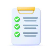 3D Paper Clipboard Holder with Checklist Symbol. Clipboard with Paper Sheet and Green Check Mark Icon. Checkmark Tick Confirmation. Right Choice. Agreement, Approval or Trust. Vector Illustration