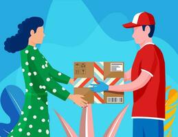 Woman receive cardboard box from man. Courier character holds parcel in his hands. Carton delivery packaging closed box with fragile signs. Free and fast shipping. Vector illustration in flat style