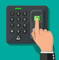 Password and fingerprint security device at office or home door. Access control machine or time the attendance. Proximity card reader. Vector illustration in flat style