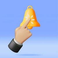 3D Finger Click the Bell Subscribe Icon Isolated. Render Subscription Symbol with Handbell and Hand. Subscribe to Channel Vlog or Blog. Social Media and Marketing Concept. Vector Illustration