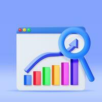 3D Graph Diagram in Window with Magnifying Glass. Render Stock Arrow Shows Growth or Success. Financial Data Analysis, Business Research, Financial Market Trade. Money and Banking. Vector Illustration