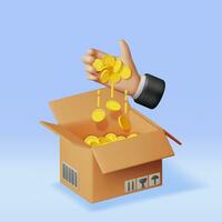 3D Cardboard Box with Gold Coins Inside Hand Isolated. Render Open Carton Package with Cash Money. Donate Money, Charity, Save Money Concept. Cargo, Delivery and Transportation. Vector Illustration