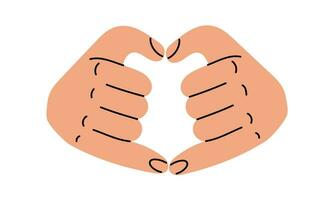 Hands shows a heart-shaped gesture, an artistic illustration of a hand drawing line. The thumb and little finger show a folded heart on a white. The concept of human body language denoting love Vector