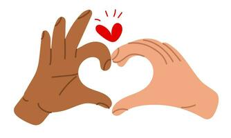 Hands with a heart sign, the designation I love you. Valentine's Day images, heart shapes with different hands. The heart sparkles connecting two people. Variety of hands. Halves with different hands vector