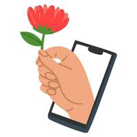 A hand from the phone screen gives a flower. Flower delivery, online ordering, shopping, mobile app concept. Vector illustration, hand-drawn. Valentine's Day, birthday, Mother's Day