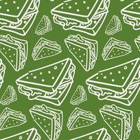 Vector seamless pattern with hand-drawn white linear sandwiches on green. Food design elements, ideal for any business related to the food industry. Printing on textiles and paper. packaging products
