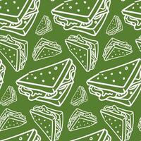 Vector seamless pattern with hand-drawn white linear sandwiches on green. Food design elements, ideal for any business related to the food industry. Printing on textiles and paper. packaging products