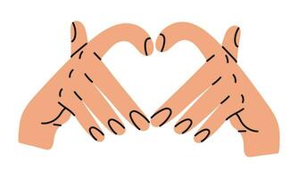 Hands shows a heart-shaped gesture, an artistic illustration of a hand drawing line. The fingers show a heart on a white background. The concept of human body language denoting love. Vector