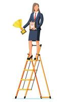 Businesswoman on ladder holding trophy, showing award certificate celebrates victory. Business success triumph goal achievement. Winning of competition. Flat vector illustration