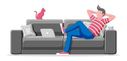 Freelancer on sofa working at home with laptop computer. Man sitting on chair with notebook for work from home. Guy chilling on couch. Hipster character in jeans and t-shirt. Flat vector illustration