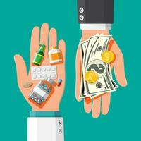 Hand with pile of money and bottles of drugs and pills. Health insurance and healthcare. Buying and selling drugs. Pharmacy shop. Vector illustration in flat style