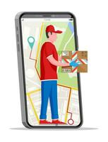 Man in smartphone holding cardboard box. Courier character holds parcel in his hands. Carton delivery packaging closed box with fragile signs. Free and fast shipping. Vector illustration in flat style