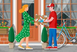 Woman receive cardboard box from man. Courier character holds parcel in his hands. Carton delivery packaging closed box with fragile signs. Free and fast shipping. Vector illustration in flat style