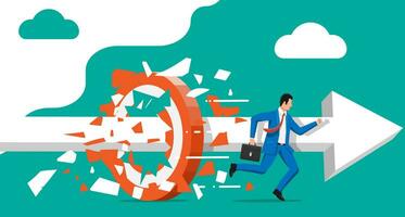 Businessman running and breaking target. Business man in suit with briefcase. Goal setting. Smart goal. Business target concept. Achievement and success. Vector illustration in flat style