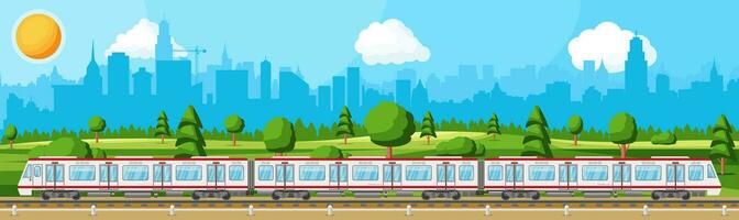 High Speed Train and Landscape With Cityscape. Super Streamlined Train. Passenger Express Railway Locomotive. Railroad Public Transportation. Rapid Transport Subway. Flat Vector Illustration