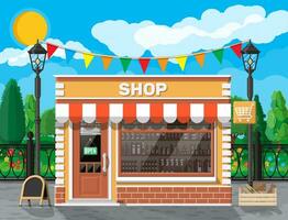 Empty store front with window and door. Glass showcase, small european style shop exterior. Commercial, property, market or supermarket. City park, street lamp and trees. Flat vector illustration