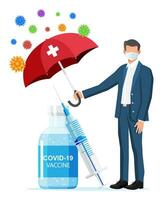 Vaccination against coronavirus. Time to vaccinate, concept. Medical syringe injection vaccination. Man with umbrella protect against corona virus, cell models, Health care. Flat vector illustration