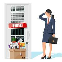 Dismiss employee, door with fired word plate and cardboard box with office items. Hiring and recruiting. Human resources management concept searching professional staff work. Flat vector illustration