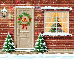 Christmas facade decoration. Entrance to suburban house decorated with wreath, bells, garland lights. Holiday greetings. Snowflakes, snowdrifts. New year and xmas celebration. Flat vector illustration