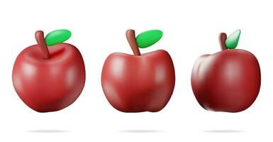 3d Red Apple Fruit from Different Angles Collection Isolated on White. Render Set Apple Fresh Ripe with Leaf Icon. Fresh Fruit Food Symbol Element. Healthy Food Concept. Realistic Vector Illustration