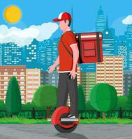 Delivery man riding monowheel with the box. Concept of fast delivery in the city. Male courier with parcel box on his back with goods and products. Cartoon flat vector illustration