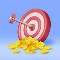 3D Stacks of Coins and Target with Arrow Isolated. Render Dartboard with Arrow and Golden Money. Business or Finance Target Concept. Targeting Audience. Achievement and Success. Vector Illustration