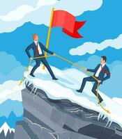 Group of Business Man Climbing on Mountain Peak. Symbol of Team Work, Victory, Successful Mission, Goal and Achievement. Trials and Testing. Win, Business Success. Flat Vector Illustration