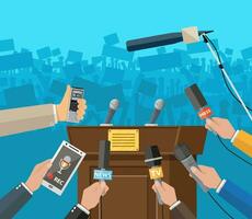 Rostrum, tribune and hands of journalists with microphones and digital voice recorders. Press conference concept, news, media, journalism. Vector illustration in flat style