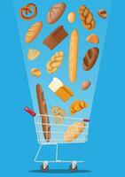 un pan íconos y compras carro. todo grano, trigo y centeno pan, tostada, galleta salada, ciabatta, cuerno, rosquilla, francés junquillo, canela bollo. vector ilustración en plano estilo