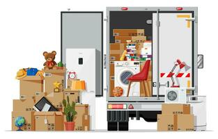 Delivery truck full of home stuff inside. Moving to new house. Family relocated to new home. Boxes with goods. Package transportation. Computer, lamp, clothes, books. Flat vector illustration