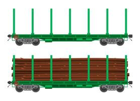 Train railway car for transportation raw wood. Rail flatcar full of wooden trunks. Freight boxcar wagon. Flatcar part of cargo train. Railroad transportation. Flat vector illustration