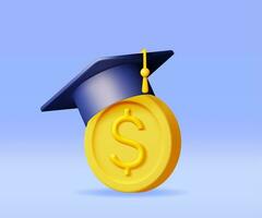 3D Graduation Cap and Gold Coin Isolated. Render Money for Education, Savings and Investment Concept. Academic and School Knowledge. Realistic Vector Illustration