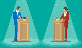 Male and female candidates at rostrums with microphones. Politics discussing between man and woman. Presidential elections concept. Political, economic debate. Flat design vector illustration