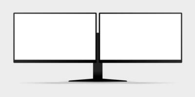 front view of 2 screen computer monitor mockup with blank white display vector