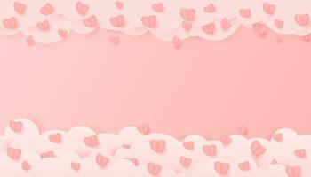 Vector illustration of paper hearts and clouds, pink Valentine's Day background.