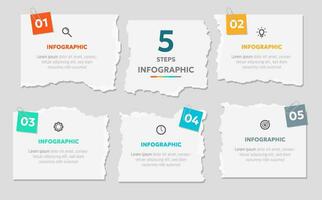 Vector illustration paper cut note infographic template with 5 options or step icons.