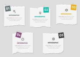 Vector illustration paper cut note infographic template with 5 options or step icons.