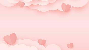 Vector illustration of paper hearts and clouds, pink Valentine's Day background.