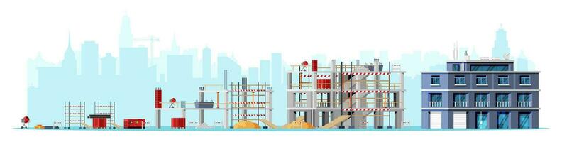 construcción sitio etapas aislado en blanco. diferente etapas de construcción proceso. edificio debajo casa. edificio actividad en diferente niveles dibujos animados plano vector ilustración