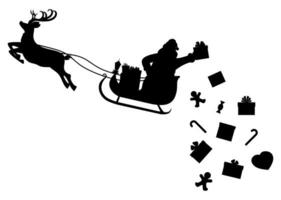 Santa claus on sleigh full of gifts and his reindeer silhouette. Santa drops christmas presents. Happy new year decoration. Merry christmas holiday. New year and xmas celebration. Vector illustration