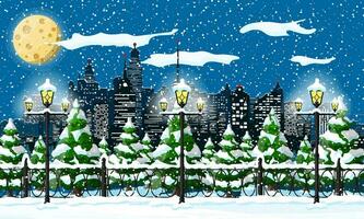 Christmas winter cityscape, snowflakes and trees. City park snow alley and buildings. Happy new year decoration. Merry christmas holiday. New year and xmas celebration. Vector illustration flat style