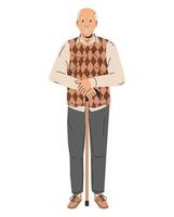 Handsome Elderly Man with Cane Isolated. Bald Old Man in Casual Summer Outfit with Stick. Senior Male Character. Fashion Grandfather with Mustache Wearing Vest. Cartoon Flat Vector Illustration