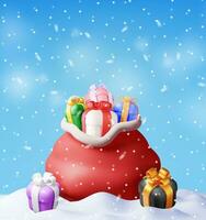 3D Open Santa Claus Sack full of Gifts in Snow. Render Red Cloth Bag for Presents. Happy New Year Decoration. Merry Christmas Holiday. New Year Xmas Celebration. Realistic Vector Illustration